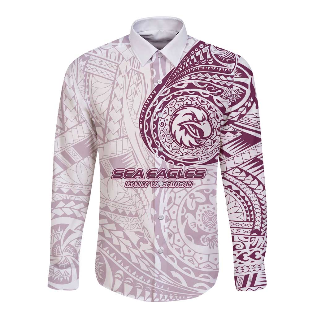 Personalized Manly Warringah Sea Eagles Long Sleeve Button Shirt Polynesian Tribal Chest and Sleeve Tattoo