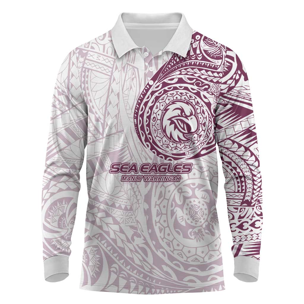 Personalized Manly Warringah Sea Eagles Long Sleeve Polo Shirt Polynesian Tribal Chest and Sleeve Tattoo