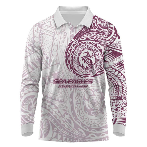 Personalized Manly Warringah Sea Eagles Long Sleeve Polo Shirt Polynesian Tribal Chest and Sleeve Tattoo