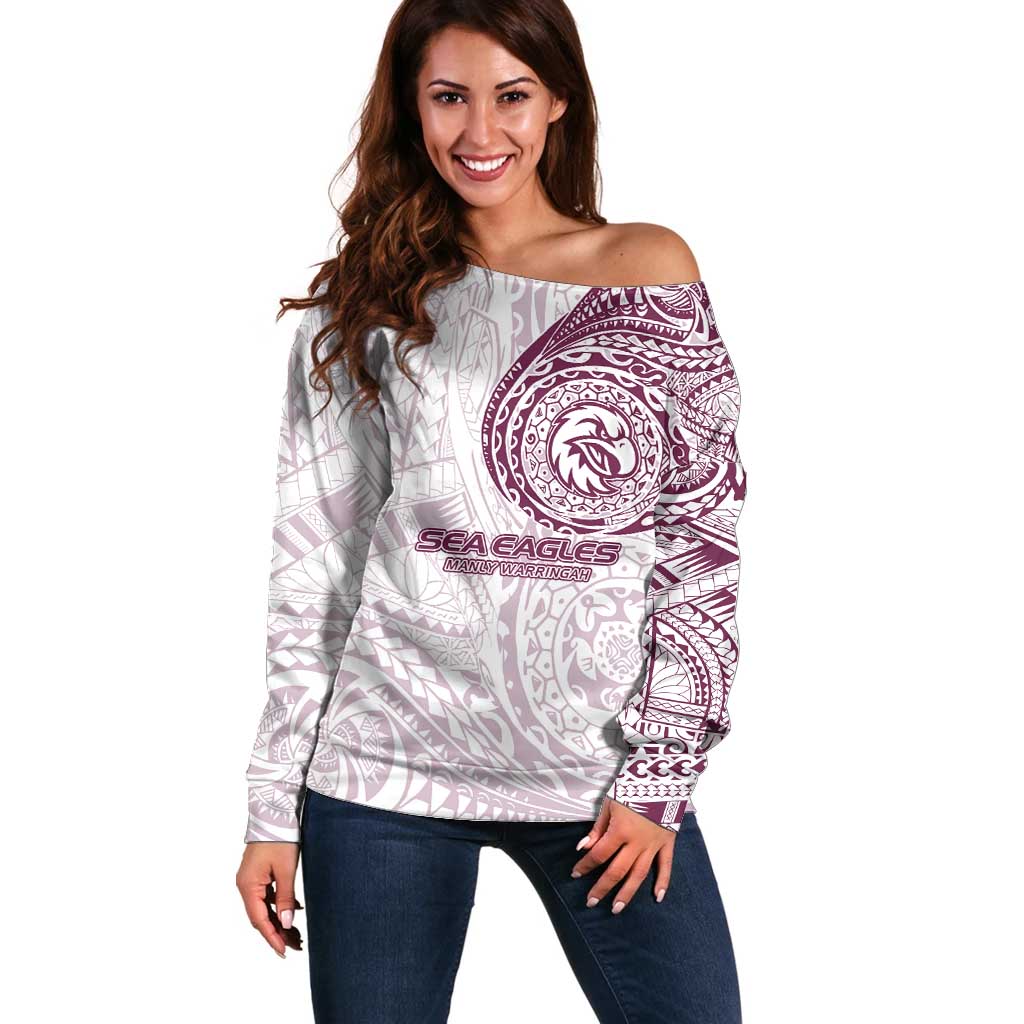 Personalized Manly Warringah Sea Eagles Off Shoulder Sweater Polynesian Tribal Chest and Sleeve Tattoo