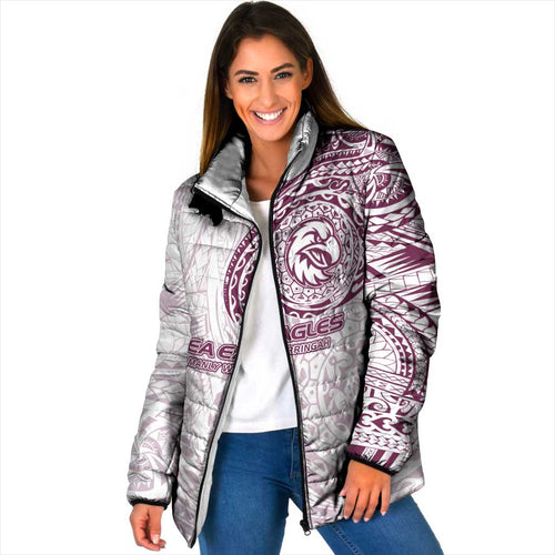 Personalized Manly Warringah Sea Eagles Padded Jacket Polynesian Tribal Chest and Sleeve Tattoo