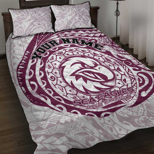 Personalized Manly Warringah Sea Eagles Quilt Bed Set Polynesian Tribal Chest and Sleeve Tattoo