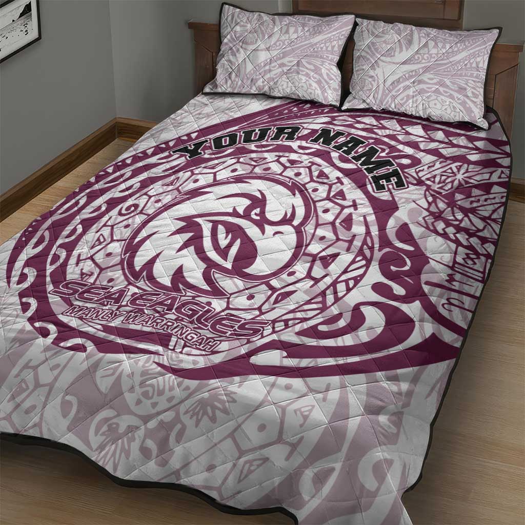 Personalized Manly Warringah Sea Eagles Quilt Bed Set Polynesian Tribal Chest and Sleeve Tattoo