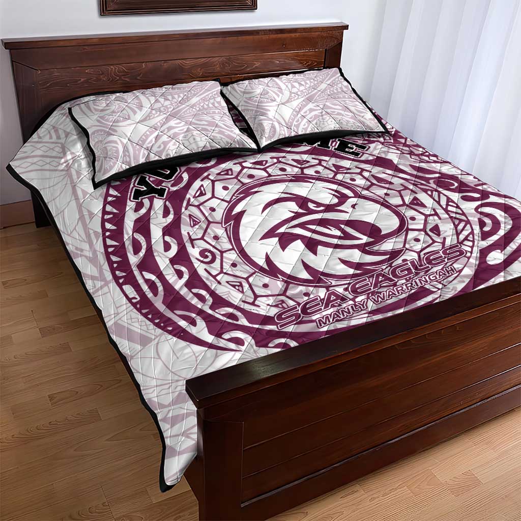 Personalized Manly Warringah Sea Eagles Quilt Bed Set Polynesian Tribal Chest and Sleeve Tattoo