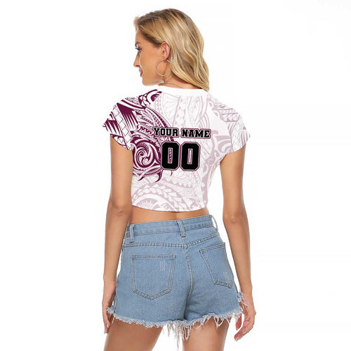 Personalized Manly Warringah Sea Eagles Raglan Cropped T Shirt Polynesian Tribal Chest and Sleeve Tattoo