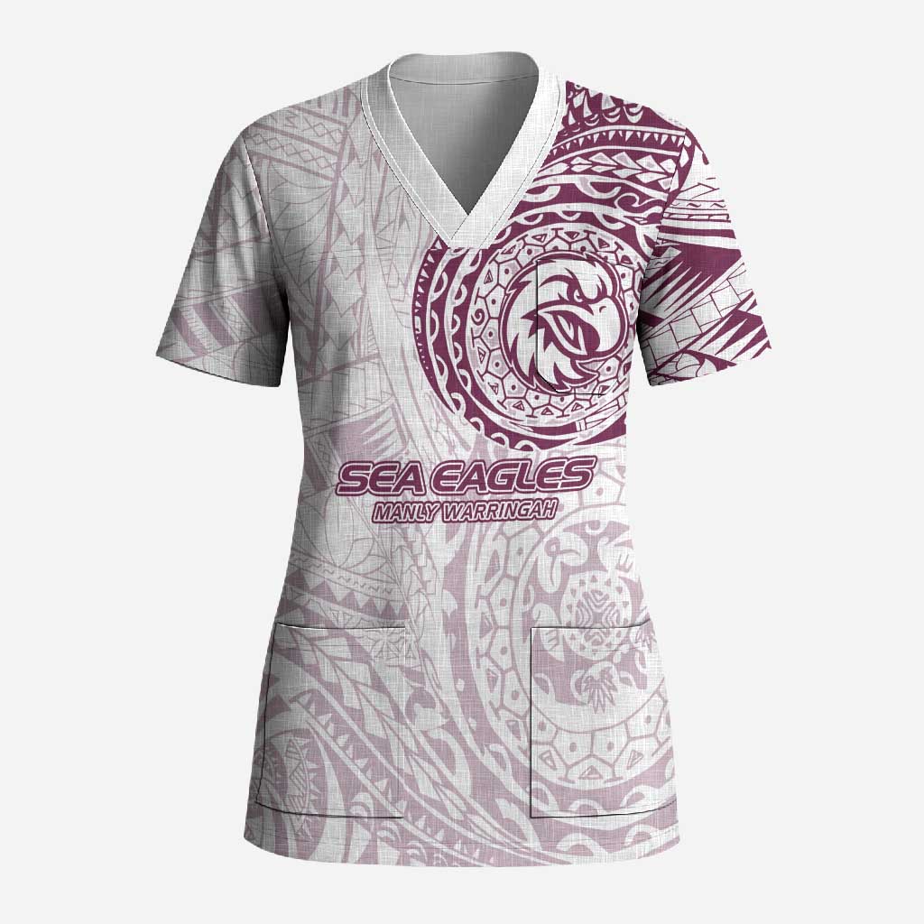 Personalized Manly Warringah Sea Eagles Scrub Top Polynesian Tribal Chest and Sleeve Tattoo