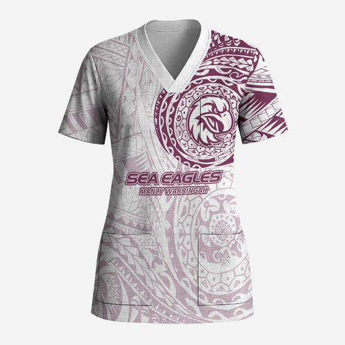 Personalized Manly Warringah Sea Eagles Scrub Top Polynesian Tribal Chest and Sleeve Tattoo