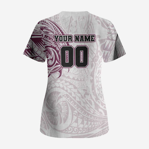 Personalized Manly Warringah Sea Eagles Scrub Top Polynesian Tribal Chest and Sleeve Tattoo
