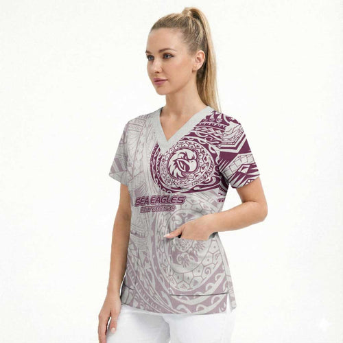 Personalized Manly Warringah Sea Eagles Scrub Top Polynesian Tribal Chest and Sleeve Tattoo