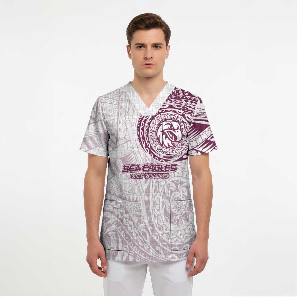 Personalized Manly Warringah Sea Eagles Scrub Top Polynesian Tribal Chest and Sleeve Tattoo