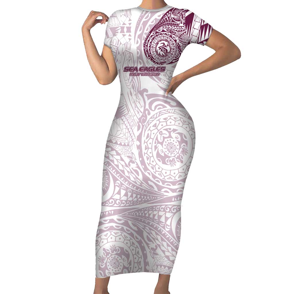 Personalized Manly Warringah Sea Eagles Short Sleeve Bodycon Dress Polynesian Tribal Chest and Sleeve Tattoo