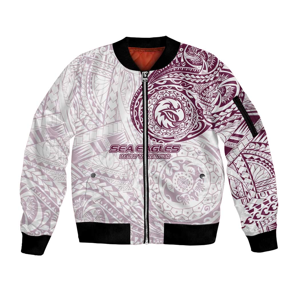 Personalized Manly Warringah Sea Eagles Sleeve Zip Bomber Jacket Polynesian Tribal Chest and Sleeve Tattoo