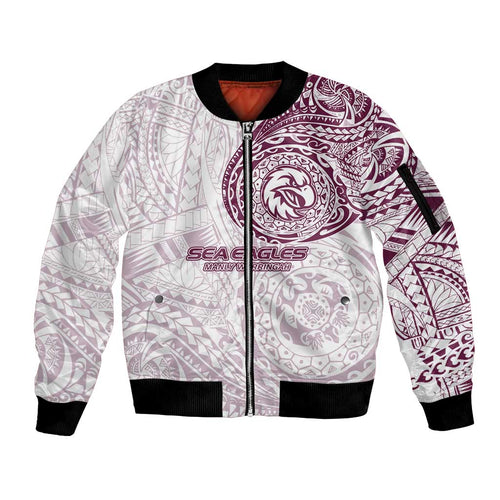 Personalized Manly Warringah Sea Eagles Sleeve Zip Bomber Jacket Polynesian Tribal Chest and Sleeve Tattoo