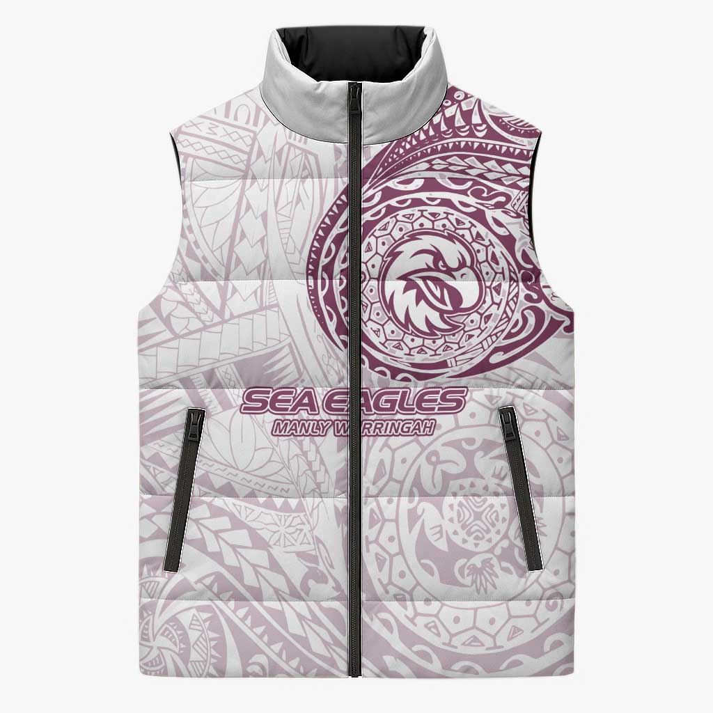 Personalized Manly Warringah Sea Eagles Sleeveless Puffer Jacket Polynesian Tribal Chest and Sleeve Tattoo
