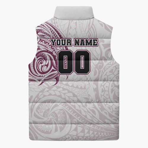 Personalized Manly Warringah Sea Eagles Sleeveless Puffer Jacket Polynesian Tribal Chest and Sleeve Tattoo