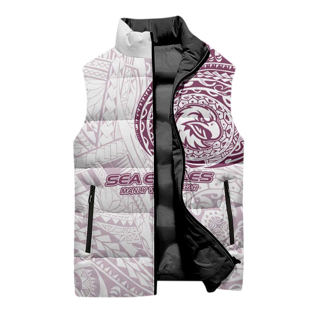 Personalized Manly Warringah Sea Eagles Sleeveless Puffer Jacket Polynesian Tribal Chest and Sleeve Tattoo