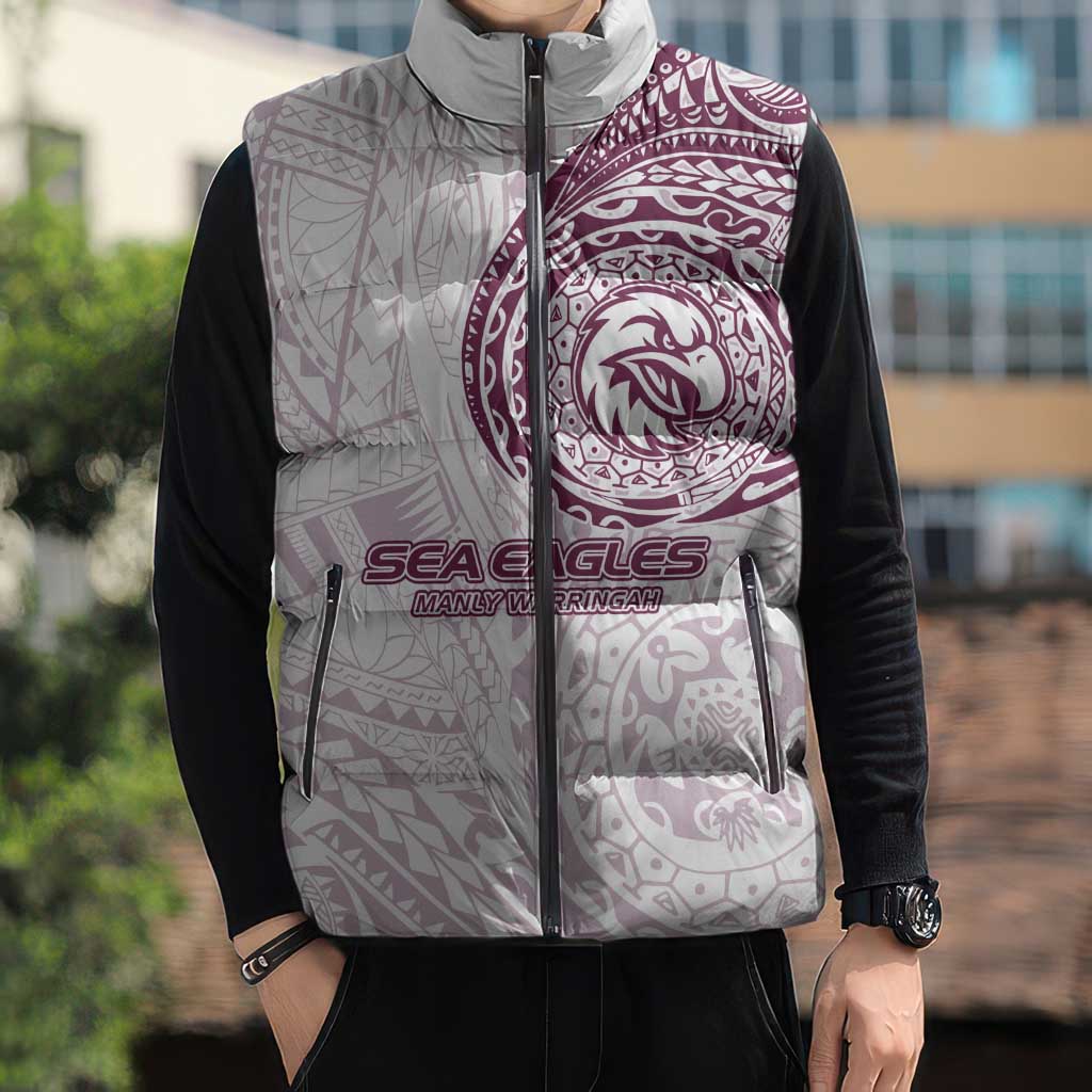 Personalized Manly Warringah Sea Eagles Sleeveless Puffer Jacket Polynesian Tribal Chest and Sleeve Tattoo