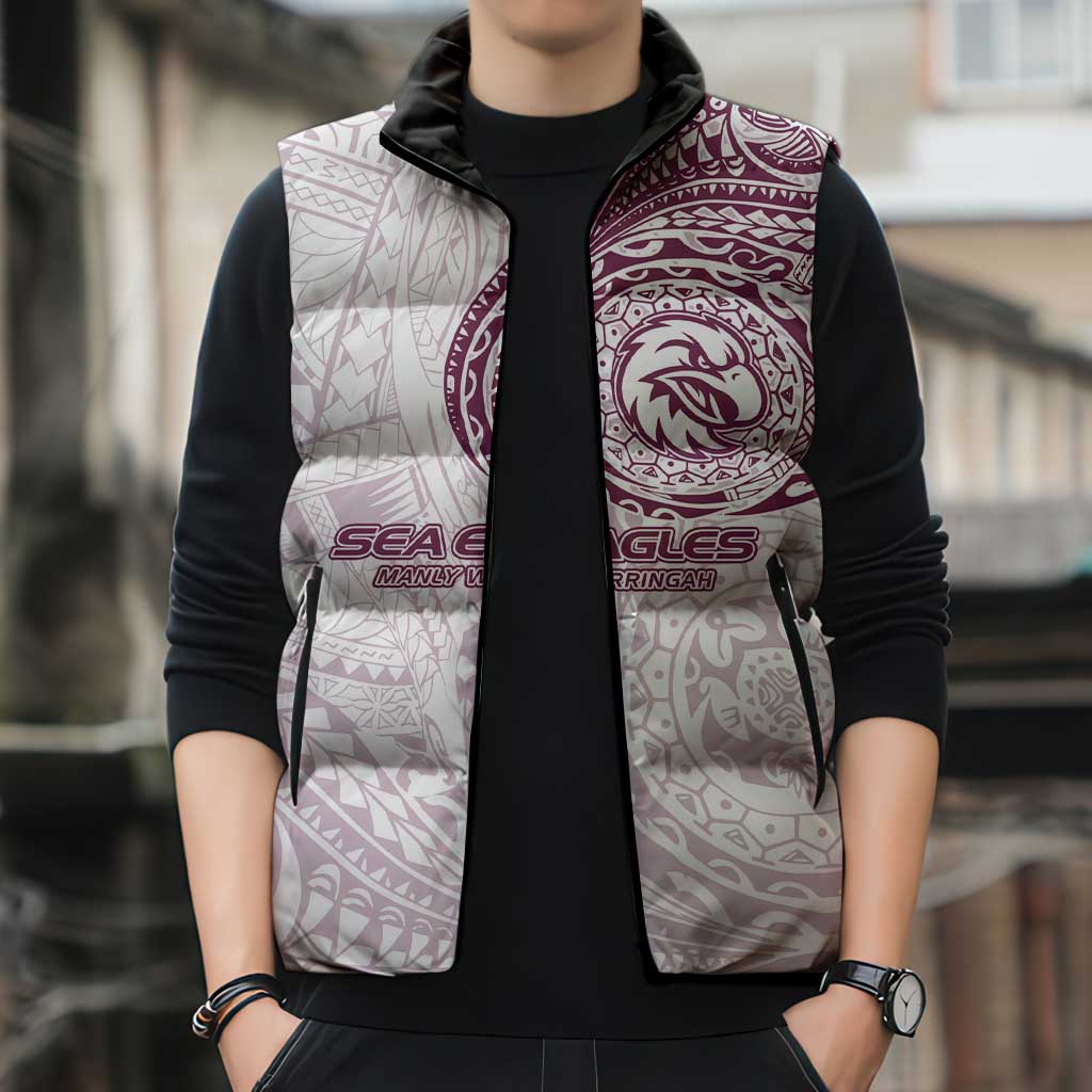 Personalized Manly Warringah Sea Eagles Sleeveless Puffer Jacket Polynesian Tribal Chest and Sleeve Tattoo