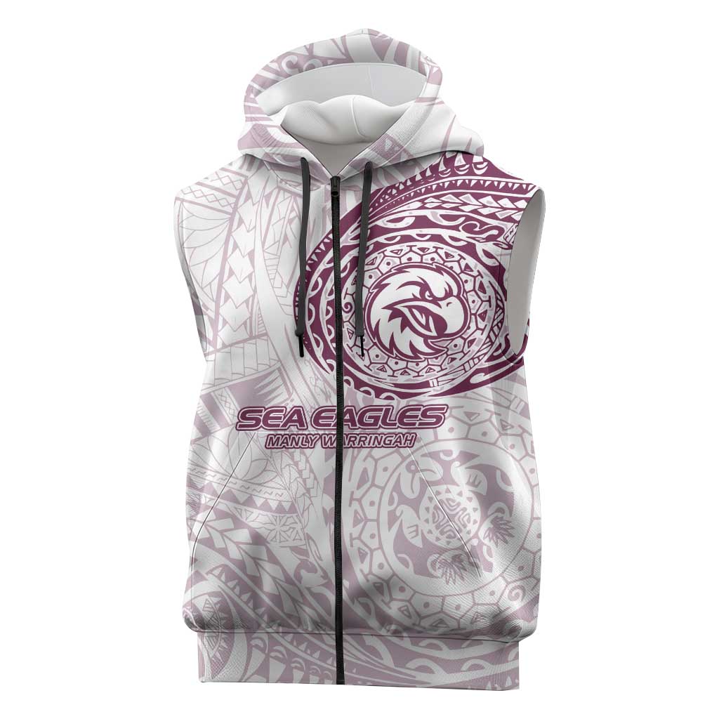 Personalized Manly Warringah Sea Eagles Sleeveless Zip Hoodie Polynesian Tribal Chest and Sleeve Tattoo