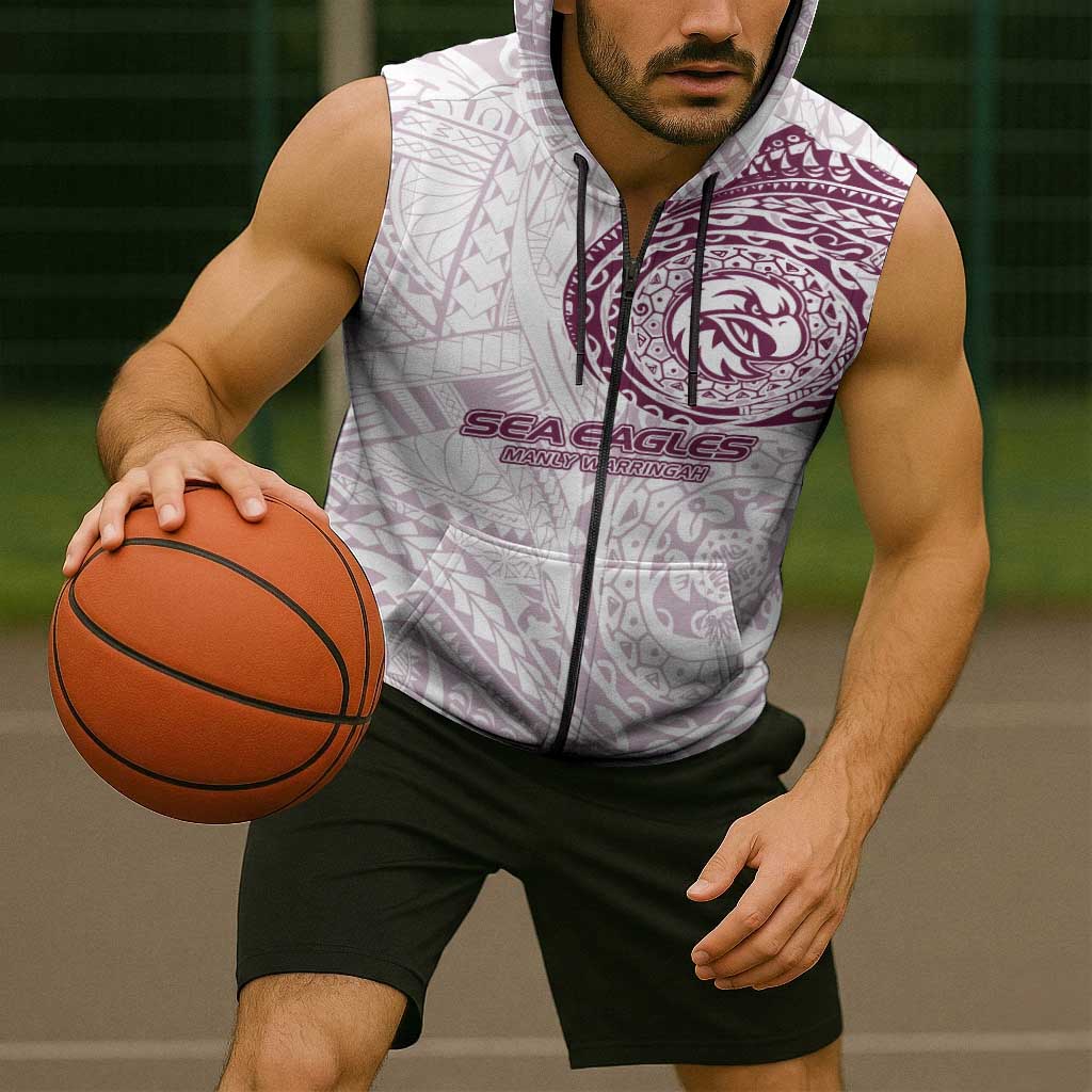 Personalized Manly Warringah Sea Eagles Sleeveless Zip Hoodie Polynesian Tribal Chest and Sleeve Tattoo