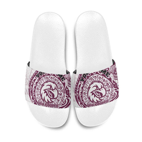 Personalized Manly Warringah Sea Eagles Slide Sandals Polynesian Tribal Chest and Sleeve Tattoo