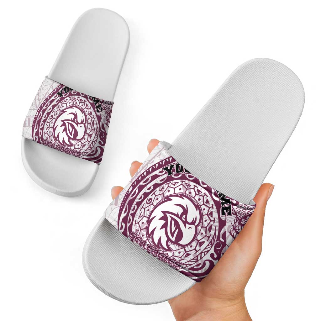 Personalized Manly Warringah Sea Eagles Slide Sandals Polynesian Tribal Chest and Sleeve Tattoo