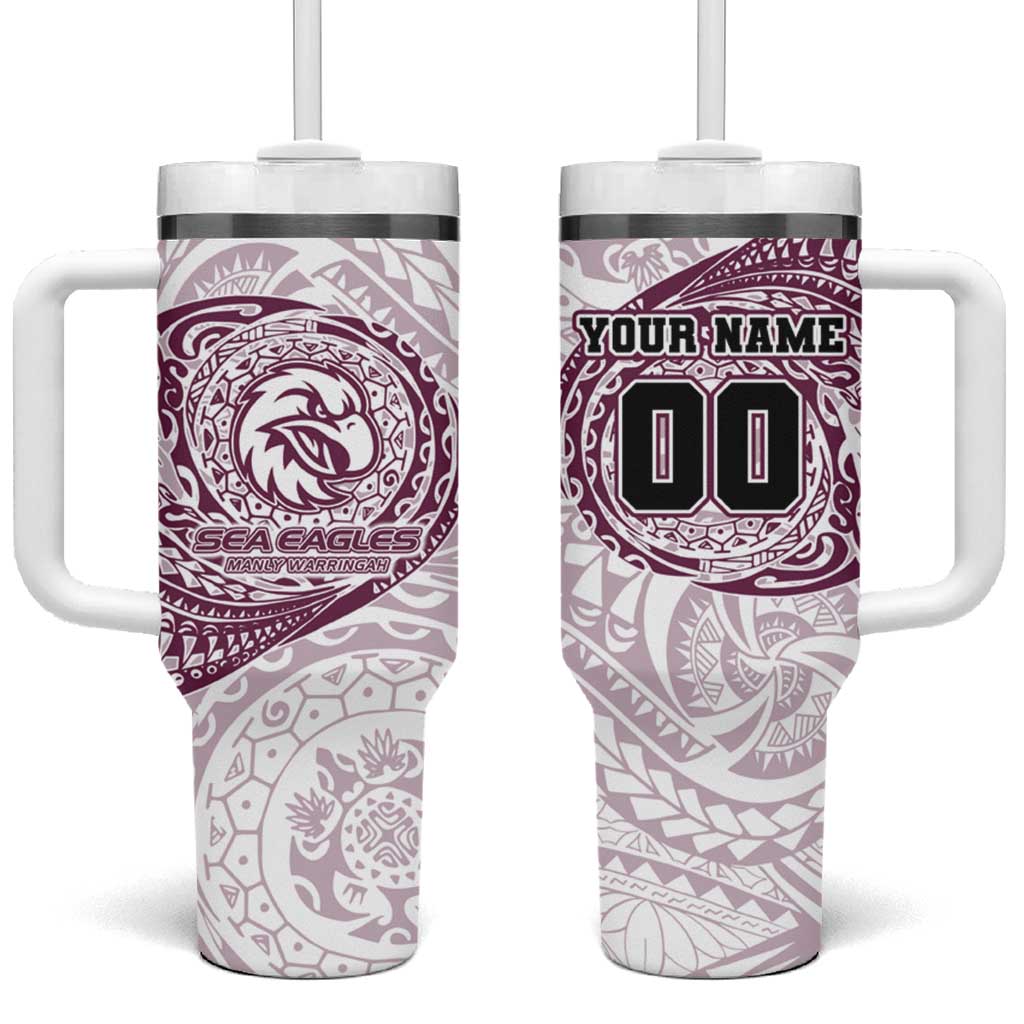 Personalized Manly Warringah Sea Eagles Tumbler With Handle Polynesian Tribal Chest and Sleeve Tattoo