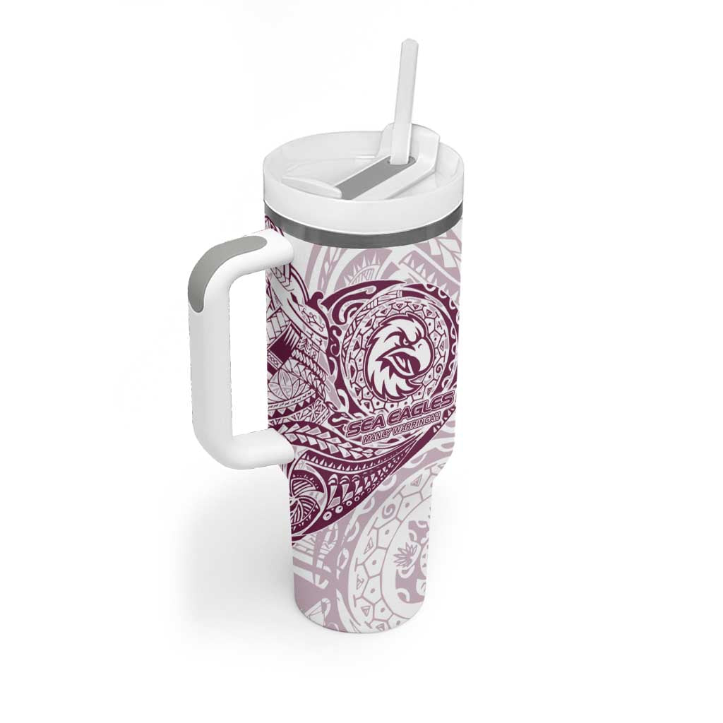 Personalized Manly Warringah Sea Eagles Tumbler With Handle Polynesian Tribal Chest and Sleeve Tattoo