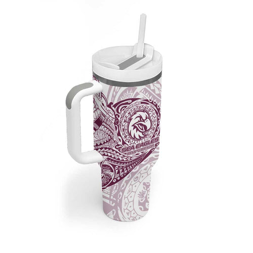 Personalized Manly Warringah Sea Eagles Tumbler With Handle Polynesian Tribal Chest and Sleeve Tattoo