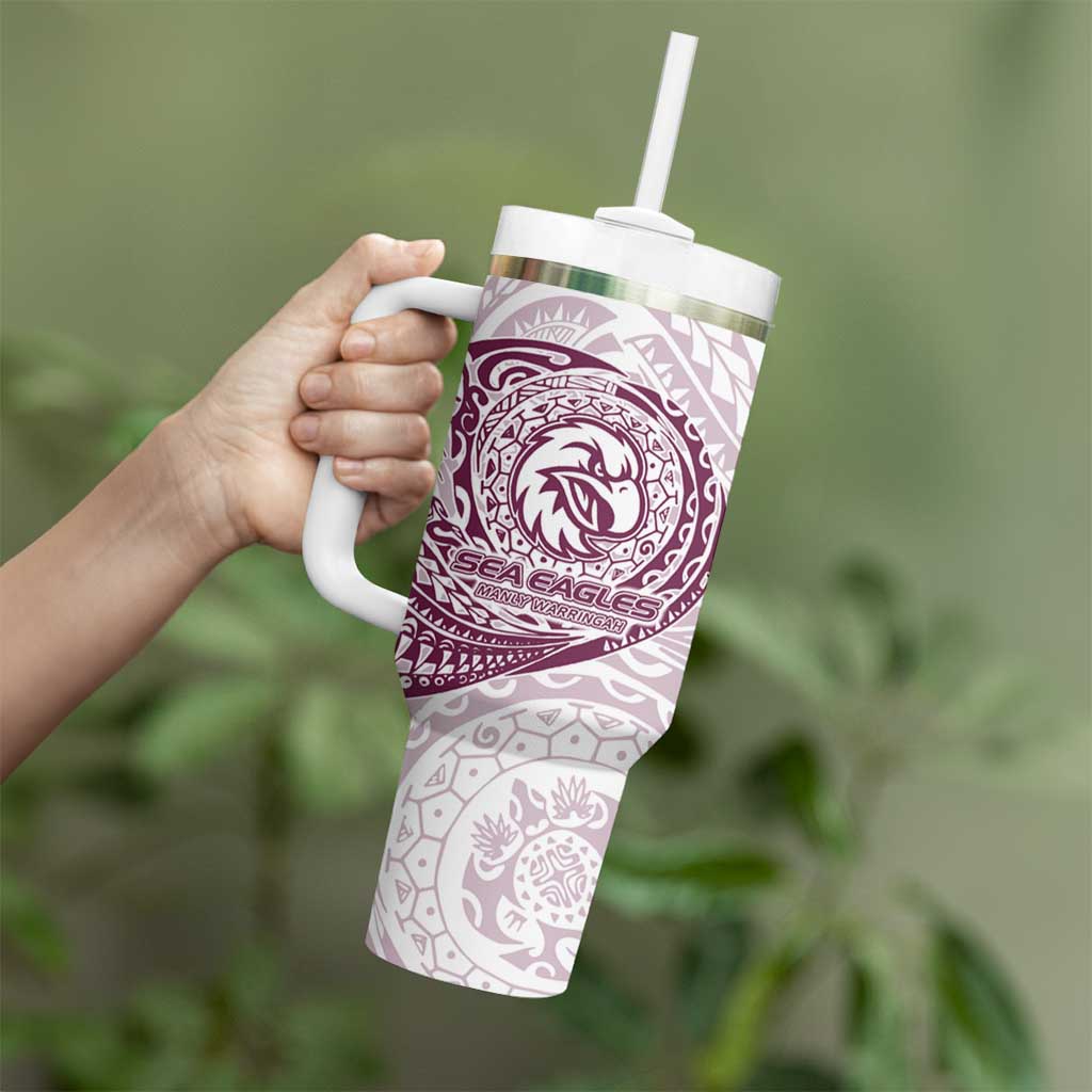 Personalized Manly Warringah Sea Eagles Tumbler With Handle Polynesian Tribal Chest and Sleeve Tattoo