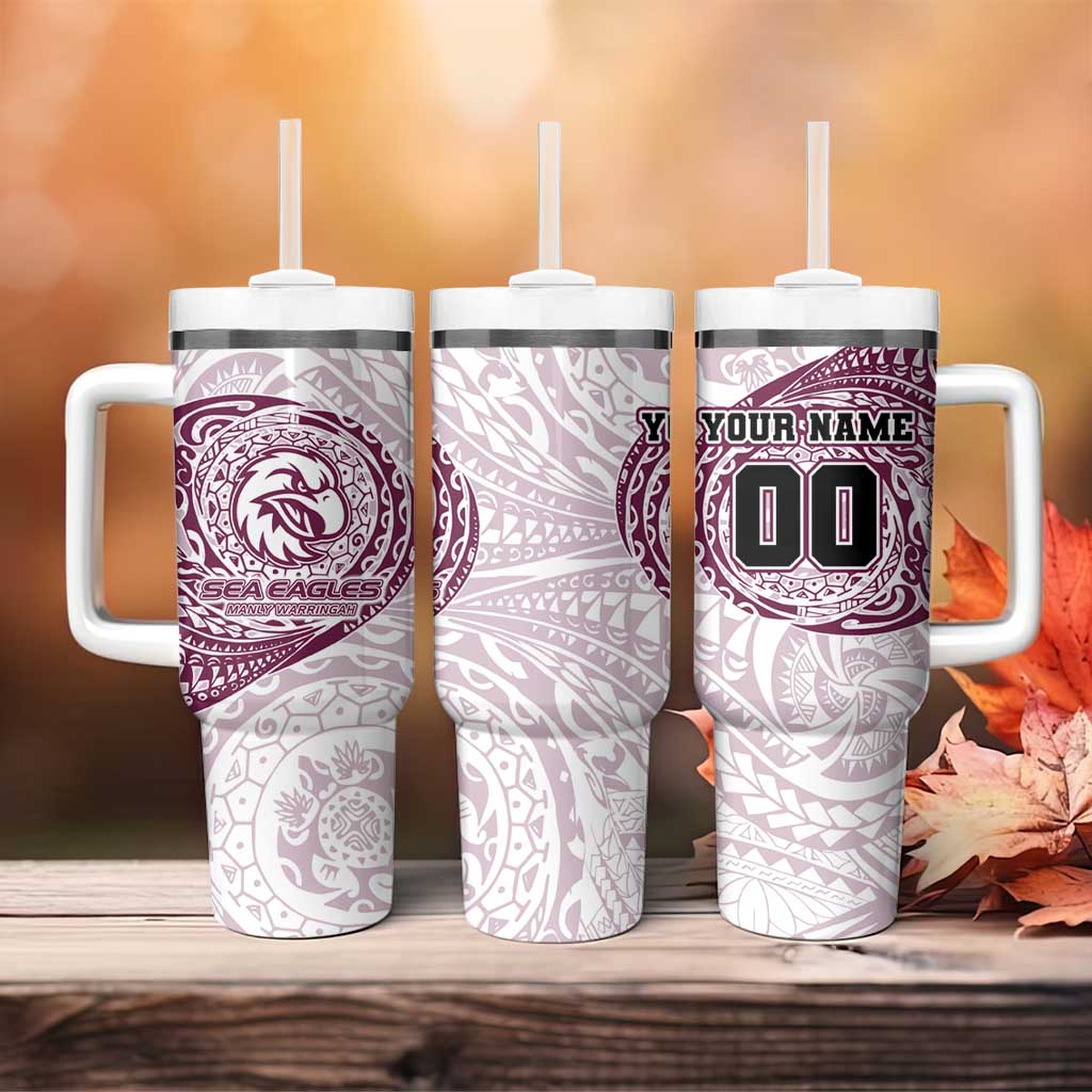 Personalized Manly Warringah Sea Eagles Tumbler With Handle Polynesian Tribal Chest and Sleeve Tattoo