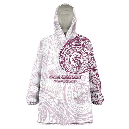 Personalized Manly Warringah Sea Eagles Wearable Blanket Hoodie Polynesian Tribal Chest and Sleeve Tattoo