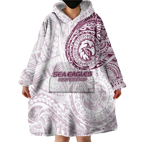 Personalized Manly Warringah Sea Eagles Wearable Blanket Hoodie Polynesian Tribal Chest and Sleeve Tattoo