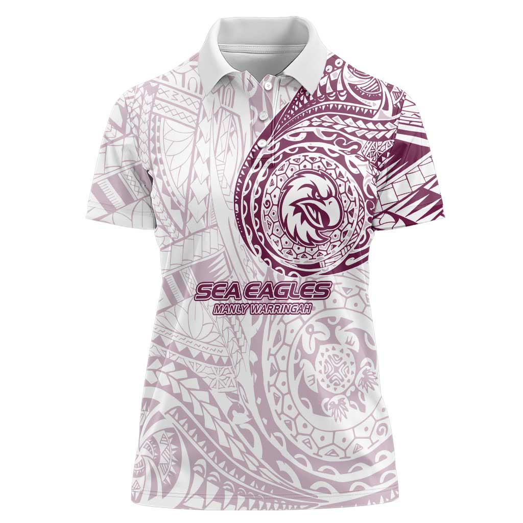 Personalized Manly Warringah Sea Eagles Women Polo Shirt Polynesian Tribal Chest and Sleeve Tattoo