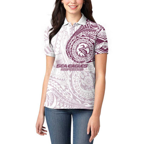 Personalized Manly Warringah Sea Eagles Women Polo Shirt Polynesian Tribal Chest and Sleeve Tattoo