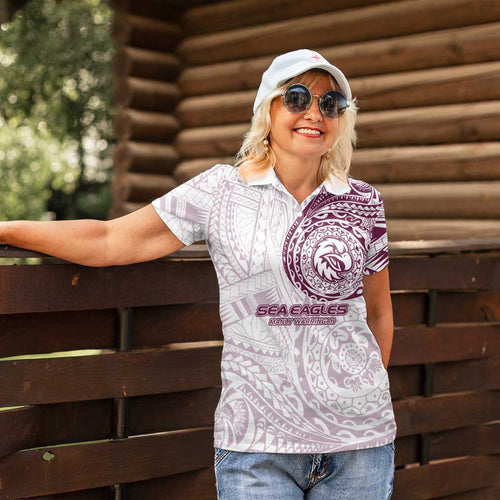 Personalized Manly Warringah Sea Eagles Women Polo Shirt Polynesian Tribal Chest and Sleeve Tattoo