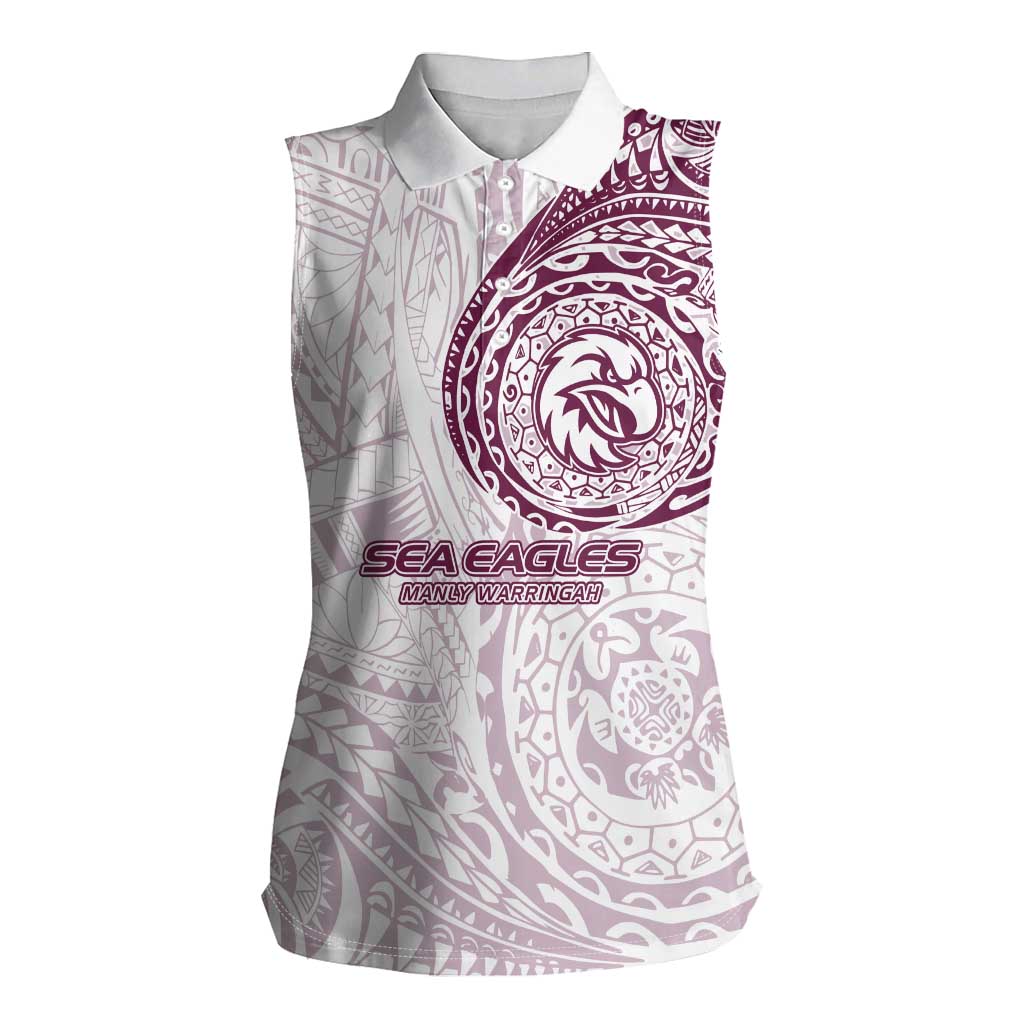 Personalized Manly Warringah Sea Eagles Women Sleeveless Polo Shirt Polynesian Tribal Chest and Sleeve Tattoo