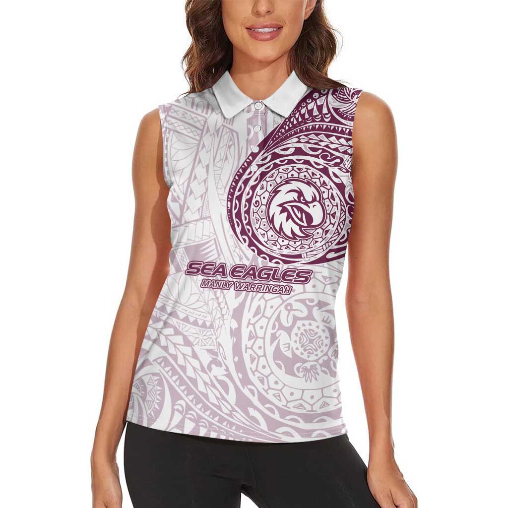 Personalized Manly Warringah Sea Eagles Women Sleeveless Polo Shirt Polynesian Tribal Chest and Sleeve Tattoo