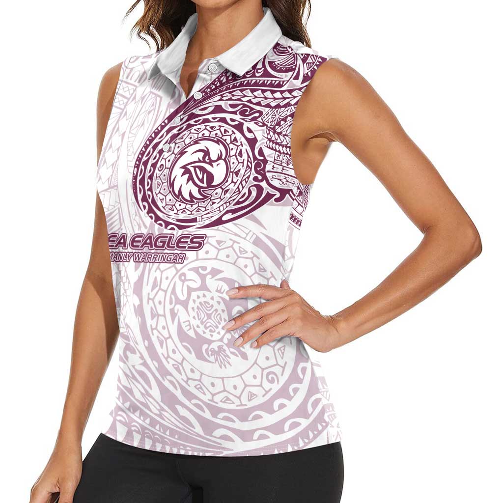 Personalized Manly Warringah Sea Eagles Women Sleeveless Polo Shirt Polynesian Tribal Chest and Sleeve Tattoo