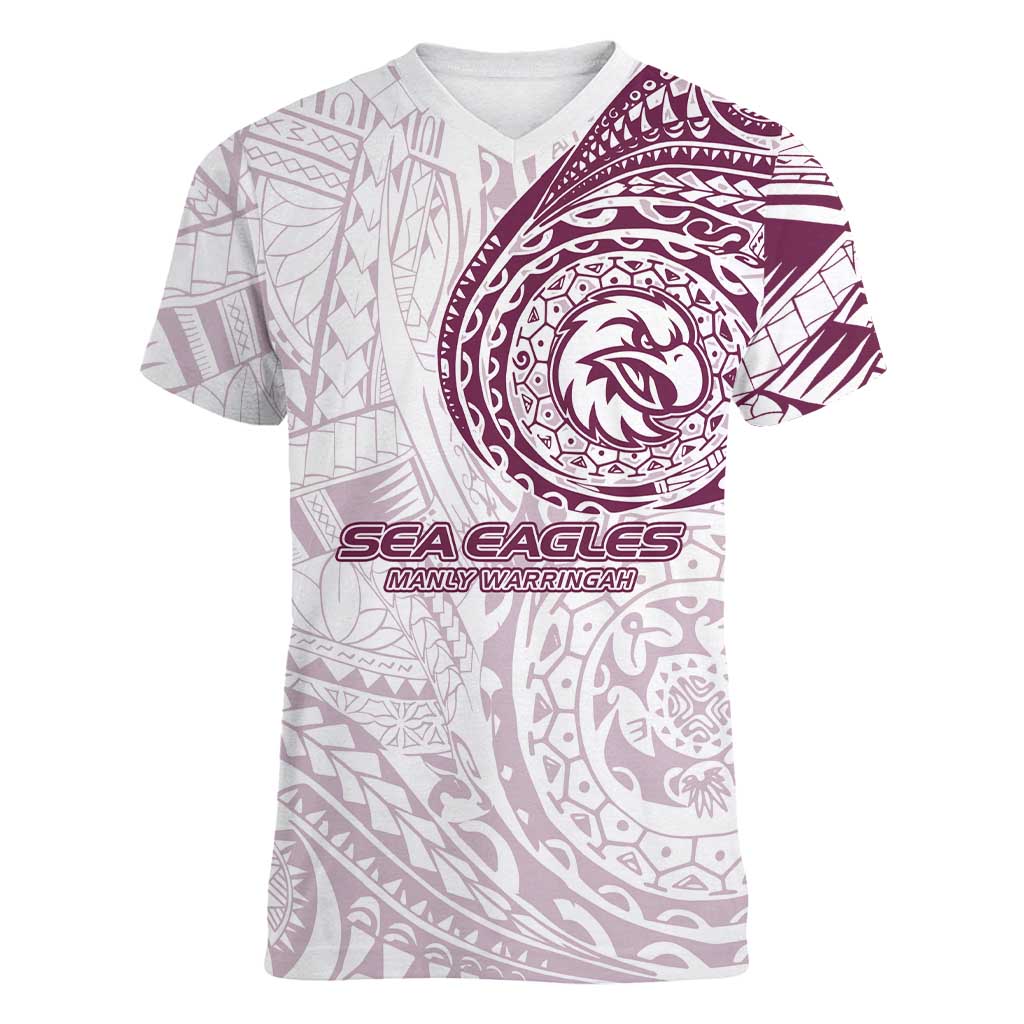 Personalized Manly Warringah Sea Eagles Women V-Neck T-Shirt Polynesian Tribal Chest and Sleeve Tattoo