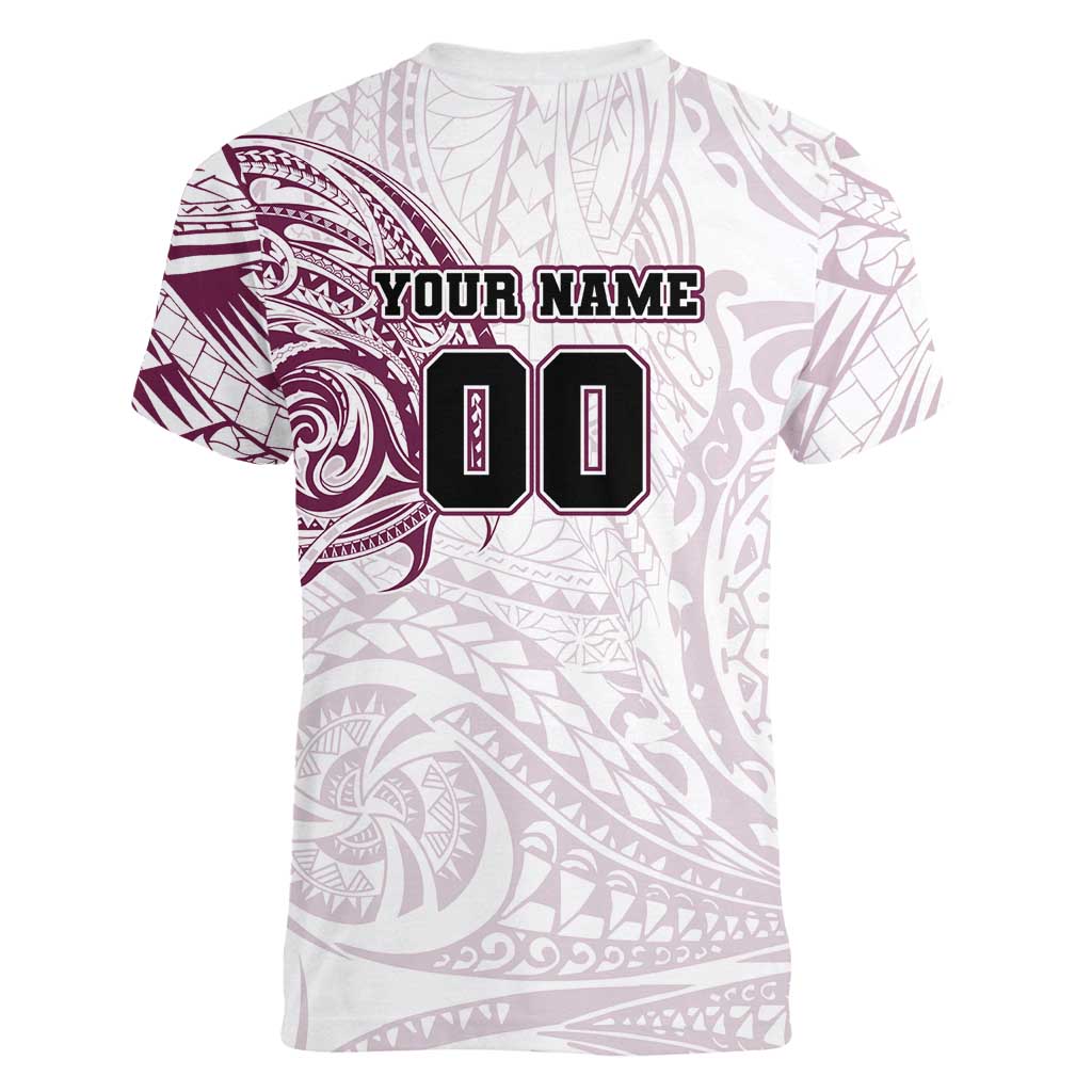 Personalized Manly Warringah Sea Eagles Women V-Neck T-Shirt Polynesian Tribal Chest and Sleeve Tattoo