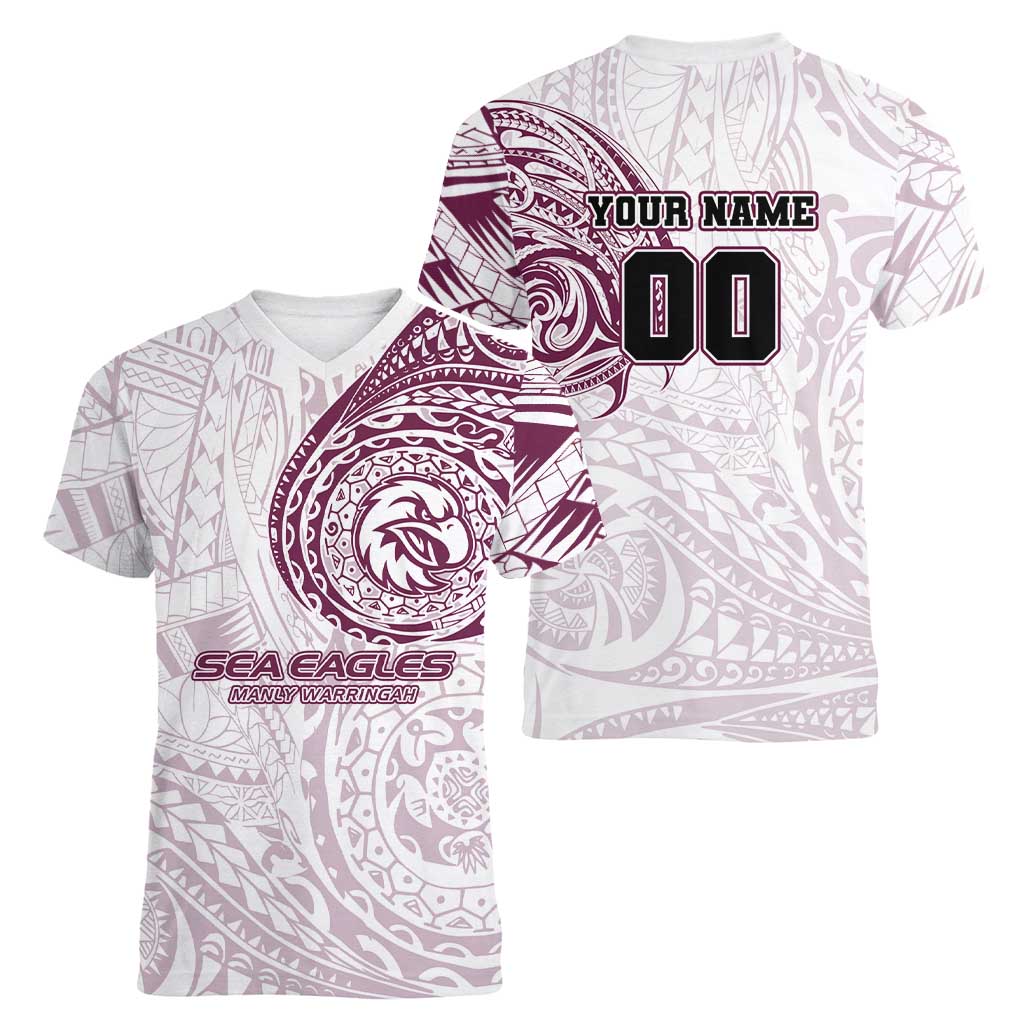 Personalized Manly Warringah Sea Eagles Women V-Neck T-Shirt Polynesian Tribal Chest and Sleeve Tattoo