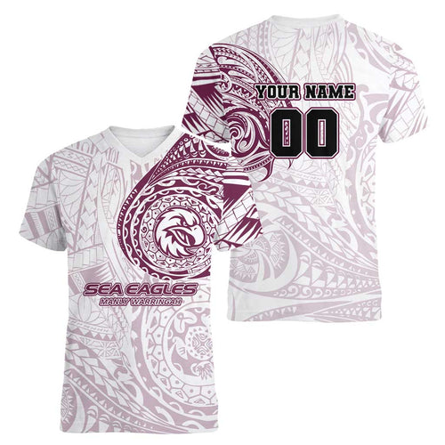 Personalized Manly Warringah Sea Eagles Women V-Neck T-Shirt Polynesian Tribal Chest and Sleeve Tattoo