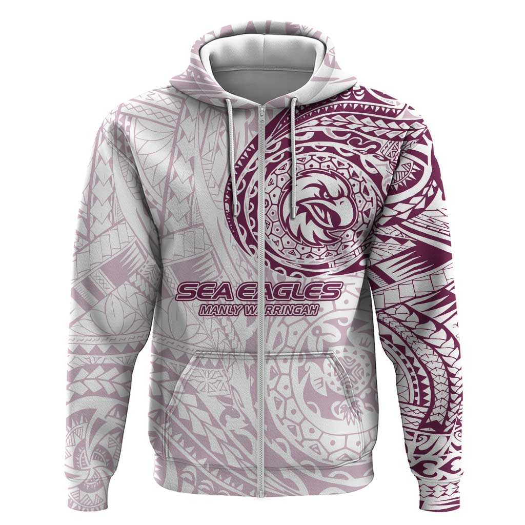Personalized Manly Warringah Sea Eagles Zip Hoodie Polynesian Tribal Chest and Sleeve Tattoo