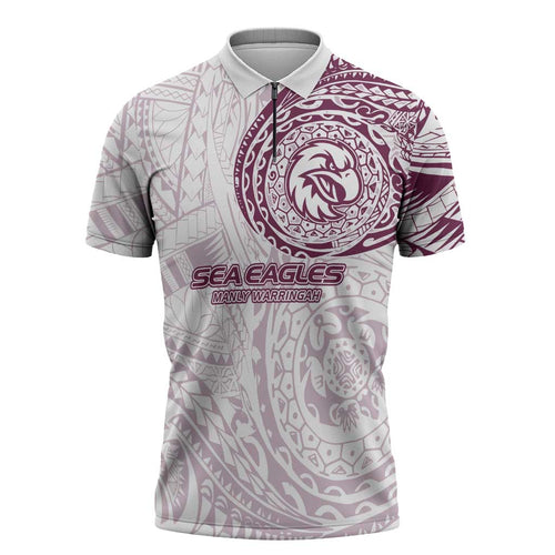 Personalized Manly Warringah Sea Eagles Zipper Polo Shirt Polynesian Tribal Chest and Sleeve Tattoo