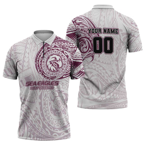 Personalized Manly Warringah Sea Eagles Zipper Polo Shirt Polynesian Tribal Chest and Sleeve Tattoo