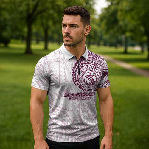 Personalized Manly Warringah Sea Eagles Zipper Polo Shirt Polynesian Tribal Chest and Sleeve Tattoo