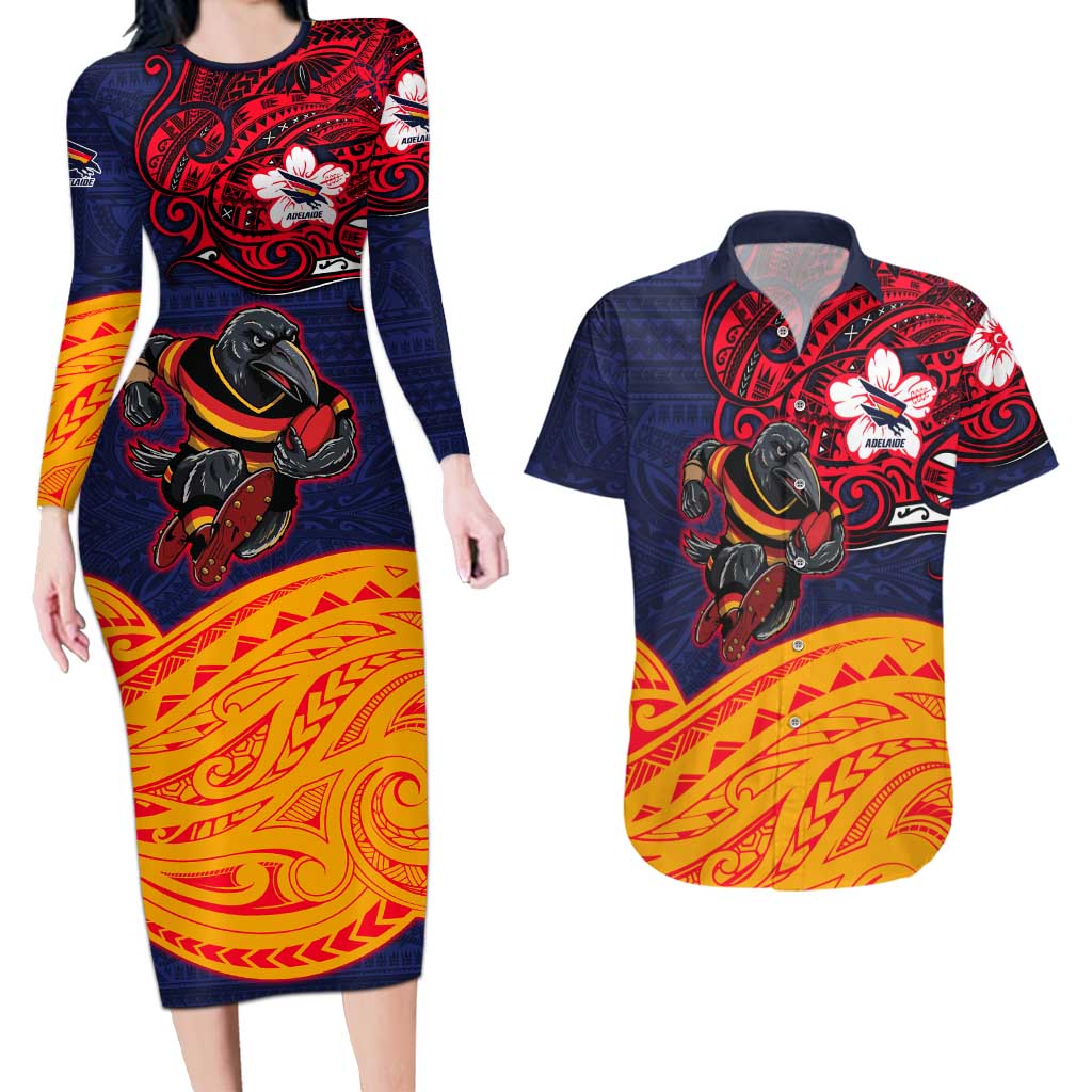 Adelaide Crow Mascot Couples Matching Long Sleeve Bodycon Dress and Hawaiian Shirt Polynesian Tribal Pattern Bold Island Style