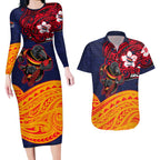 Adelaide Crow Mascot Couples Matching Long Sleeve Bodycon Dress and Hawaiian Shirt Polynesian Tribal Pattern Bold Island Style