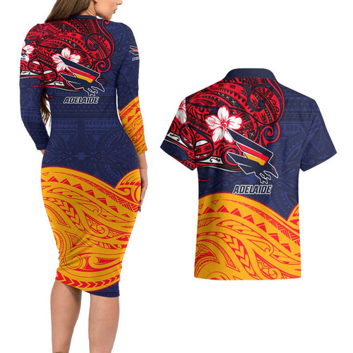 Adelaide Crow Mascot Couples Matching Long Sleeve Bodycon Dress and Hawaiian Shirt Polynesian Tribal Pattern Bold Island Style